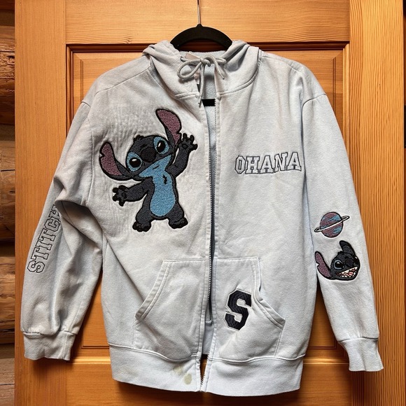 Disney Tops - Disney Stitch Ohana Hoodie Licensed Embroidered Patches FLAWED Crafting Upcycle